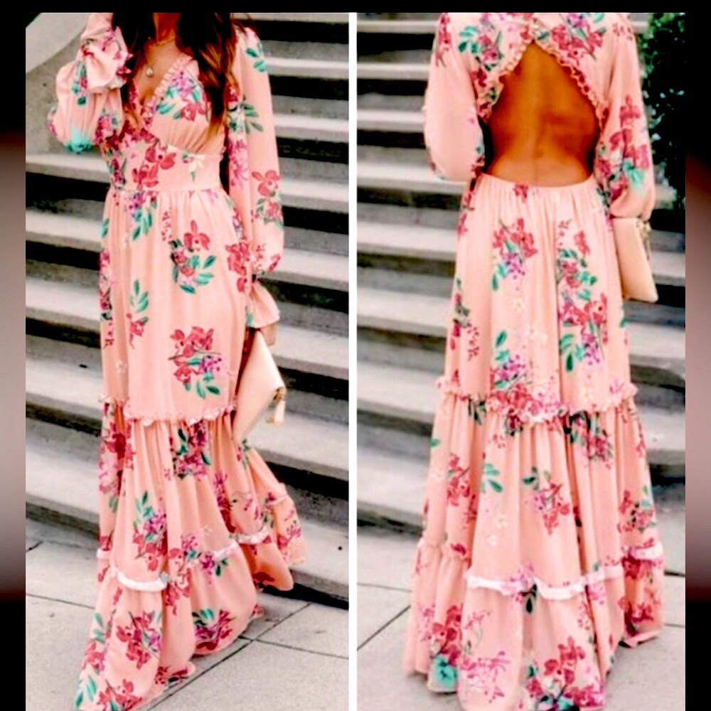 VICI whimsy floral backless long sleeve maxi Dress w/ruffle detail NEW